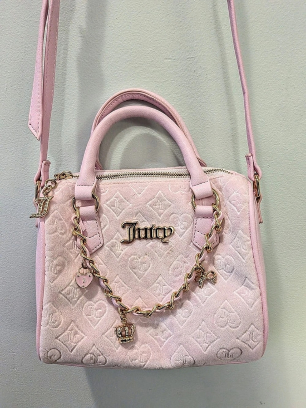 Juicy Couture Heritage Velour Bowler Satchel Pink Shoulder Hand Bag